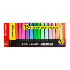 Stabilo Boss Highlighter 15pcs Set (9 Fluo +6 Pastel + 1 Deskset)